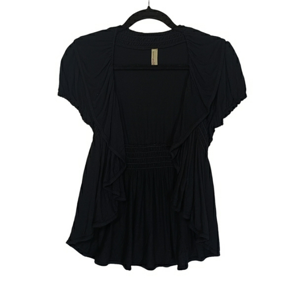 FASHION EXIT Black Smocked Back Short Sleeve Open Cardigan Shawl Medium